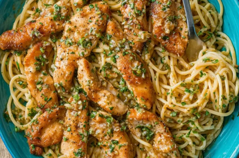 Delicious Chicken Scampi Pasta with garlic, chicken, and herbs served in a bowl.
