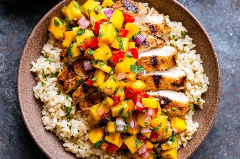Chipotle lime grilled chicken served with vibrant mango salsa on a wooden platter