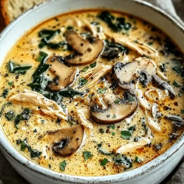 Bowl of clean chicken mushroom soup topped with fresh herbs