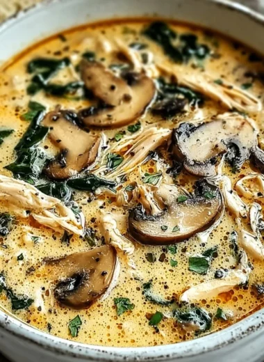 Bowl of clean chicken mushroom soup topped with fresh herbs