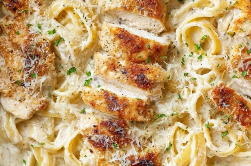 Creamy Chicken Fettuccine Alfredo served in a bowl garnished with parsley