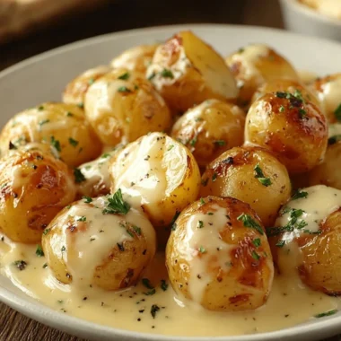 Creamy garlic sauce drizzled over baby potatoes in a serving bowl
