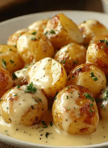 Creamy garlic sauce drizzled over baby potatoes in a serving bowl