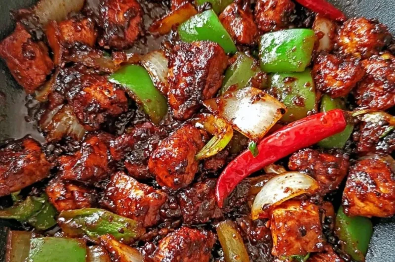 Delicious plate of easy black pepper chicken garnished with vegetables