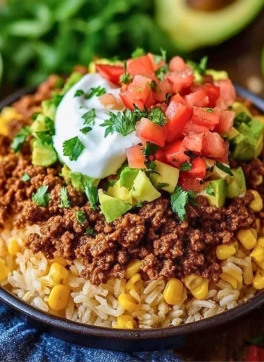 Delicious easy taco rice bowl topped with fresh toppings and served in a bowl