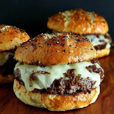 Image of French onion soup burgers topped with melted cheese and caramelized onions