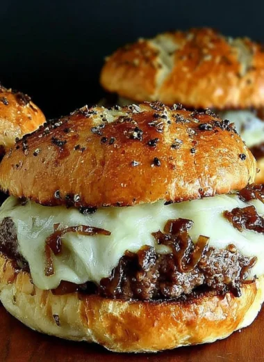 Image of French onion soup burgers topped with melted cheese and caramelized onions