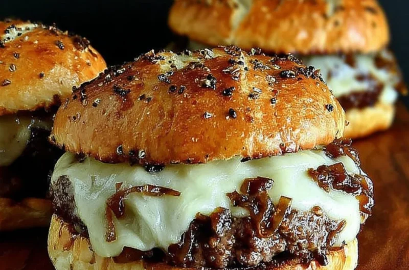 Image of French onion soup burgers topped with melted cheese and caramelized onions