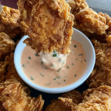 Fried chicken tender bites with buffalo ranch sauce on a plate