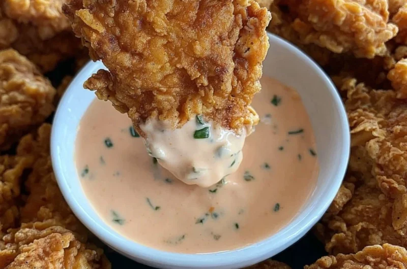 Fried chicken tender bites with buffalo ranch sauce on a plate