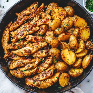 Delicious Garlic Butter Chicken with golden roasted potatoes on a plate