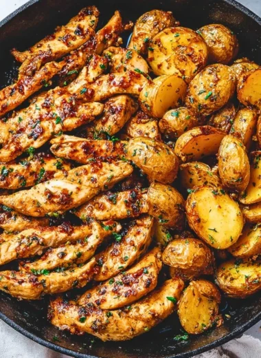 Delicious Garlic Butter Chicken with golden roasted potatoes on a plate