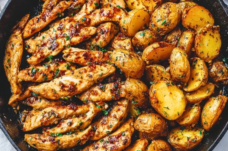 Delicious Garlic Butter Chicken with golden roasted potatoes on a plate