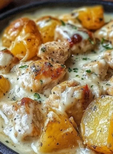 Garlic Parmesan Chicken and Potatoes in a crockpot ready to serve