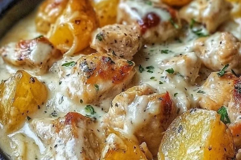 Garlic Parmesan Chicken and Potatoes in a crockpot ready to serve