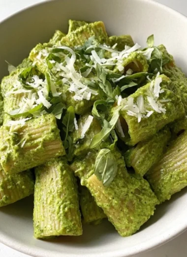 Plate of Green Goddess Pesto Pasta topped with fresh basil and pine nuts