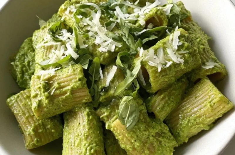 Plate of Green Goddess Pesto Pasta topped with fresh basil and pine nuts