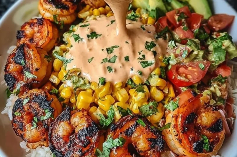 Delicious Grilled Shrimp Bowl with avocado, corn salsa, and creamy sauce.