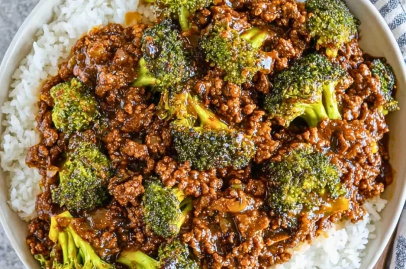 Honey Garlic Ground Beef with Broccoli on a plate garnished with sesame seeds