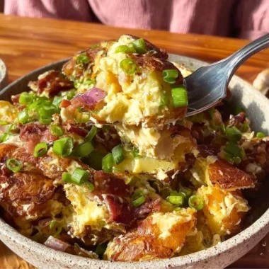 Colorful bowl of Honey Mustard Crispy Smashed Potato Salad with fresh herbs and toppings