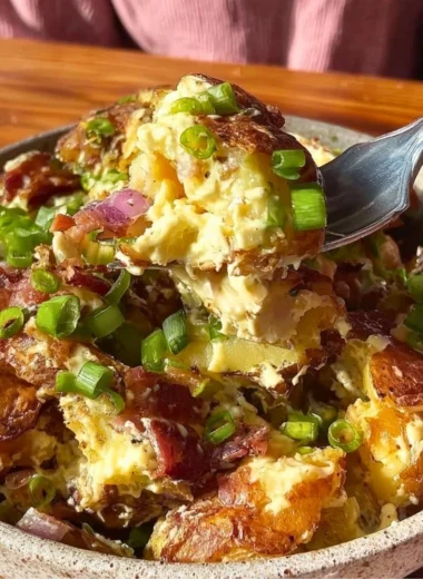 Colorful bowl of Honey Mustard Crispy Smashed Potato Salad with fresh herbs and toppings