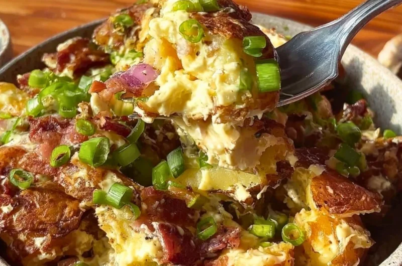 Colorful bowl of Honey Mustard Crispy Smashed Potato Salad with fresh herbs and toppings