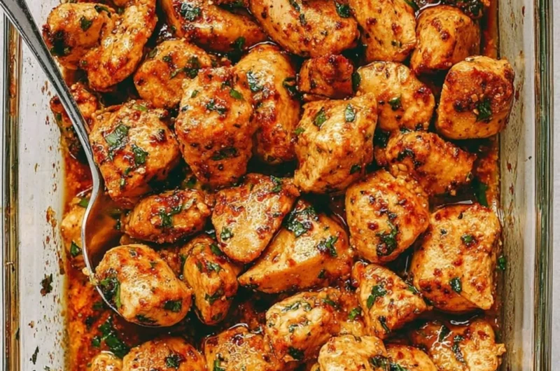 Delicious and juicy oven baked chicken bites on a rustic wooden board