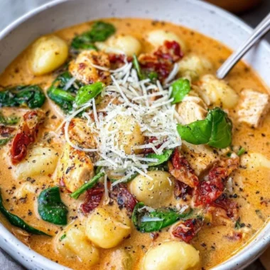 Bowl of creamy Marry Me Chicken soup garnished with herbs and spices