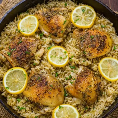 One Pot Greek Chicken served with flavorful rice and garnished
