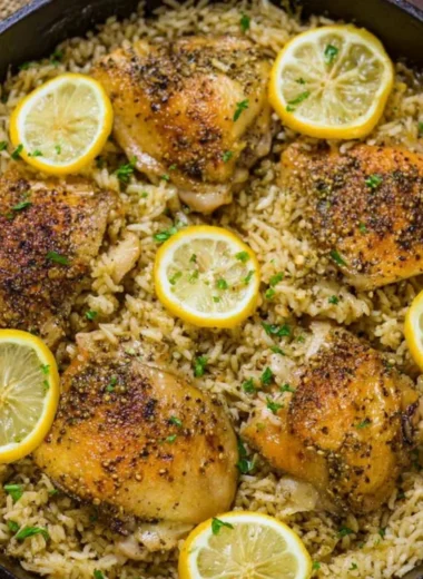 One Pot Greek Chicken served with flavorful rice and garnished