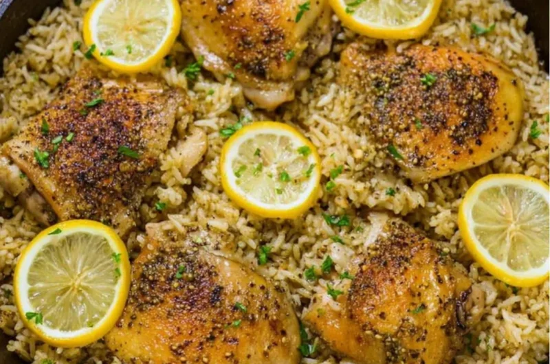 One Pot Greek Chicken served with flavorful rice and garnished