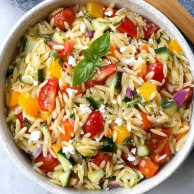 Vegetarian orzo salad with fresh vegetables served in a bowl.