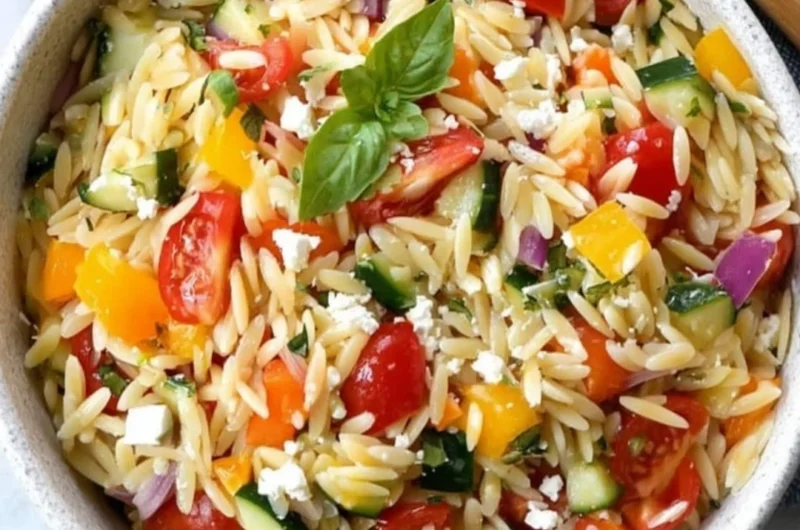 Vegetarian orzo salad with fresh vegetables served in a bowl.