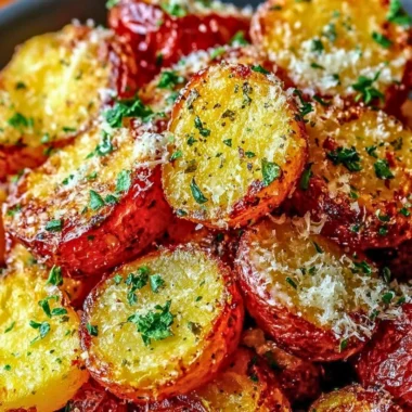 Crispy Parmesan roasted red potatoes served on a white plate