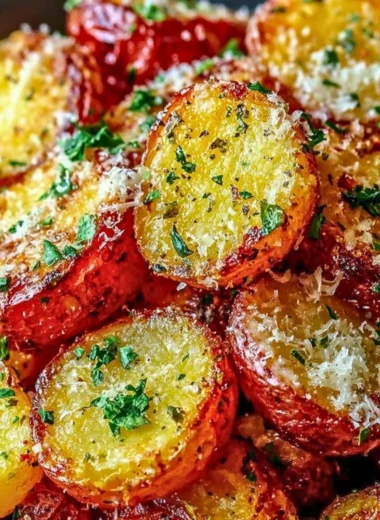 Crispy Parmesan roasted red potatoes served on a white plate