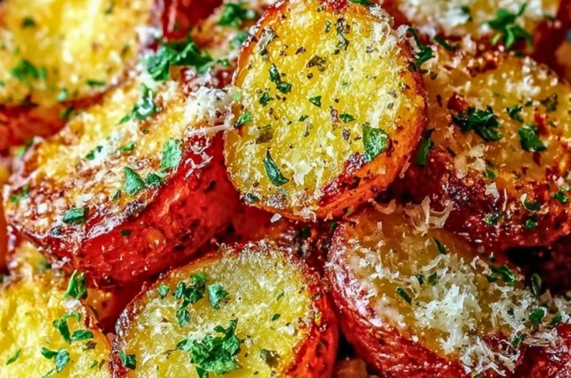Crispy Parmesan roasted red potatoes served on a white plate
