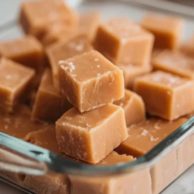 Decadent peanut butter fudge cut into squares on a white plate.