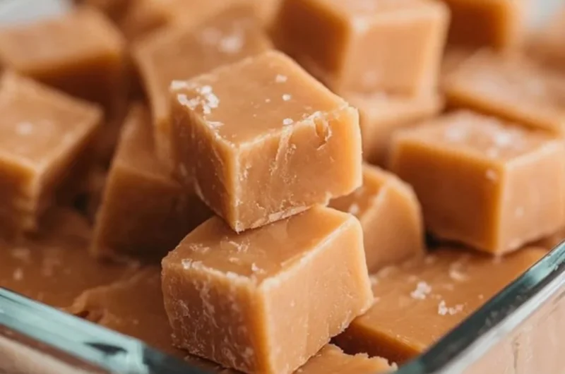 Decadent peanut butter fudge cut into squares on a white plate.