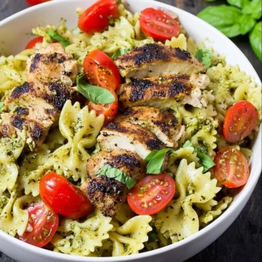 Pesto Pasta with Grilled Chicken served on a plate garnished with fresh basil