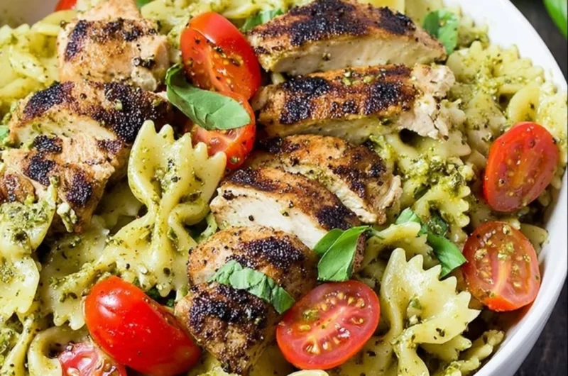 Pesto Pasta with Grilled Chicken served on a plate garnished with fresh basil