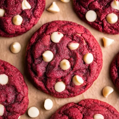 Freshly baked red velvet cookies with cream cheese frosting