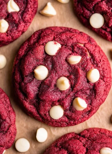 Freshly baked red velvet cookies with cream cheese frosting
