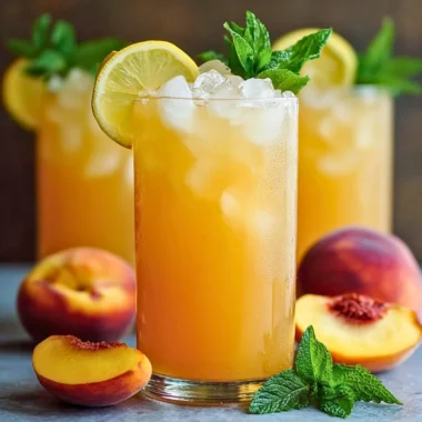 Glass of refreshing peach lemonade with slices of peach and lemon