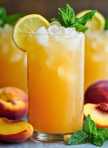 Glass of refreshing peach lemonade with slices of peach and lemon