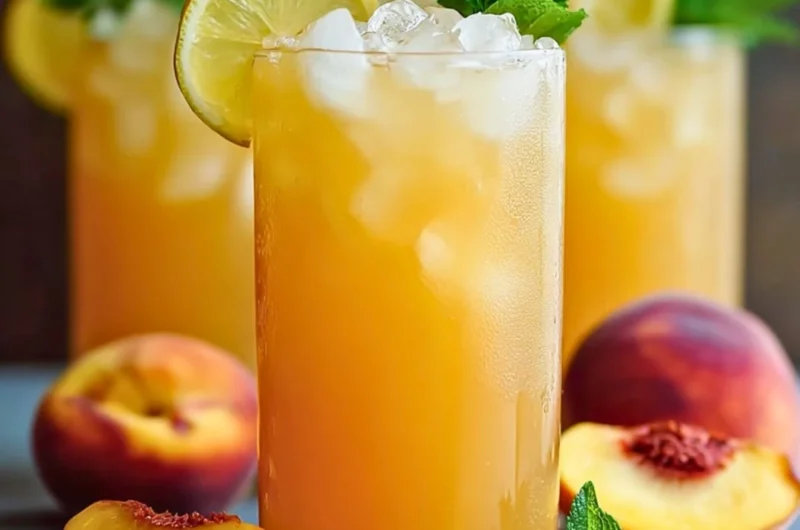 Glass of refreshing peach lemonade with slices of peach and lemon
