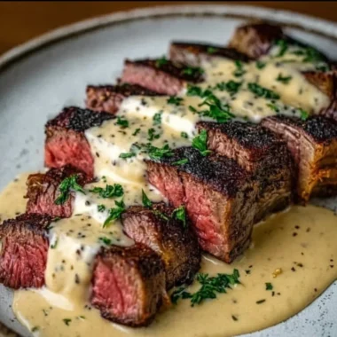 Plated seared steak with creamy garlic sauce and fresh herbs