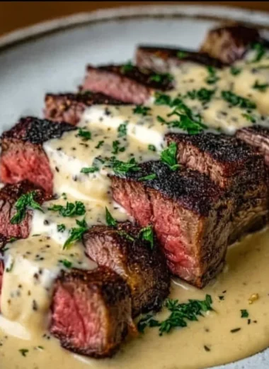 Plated seared steak with creamy garlic sauce and fresh herbs
