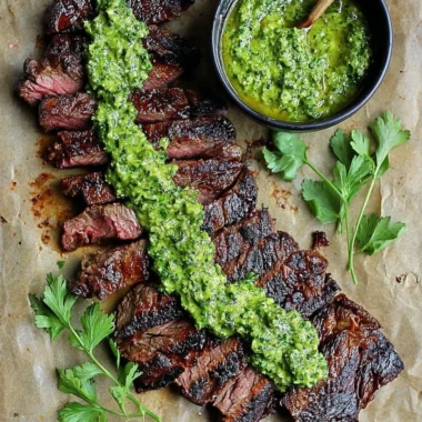 Marinated skirt steak with chimichurri sauce ready to grill.