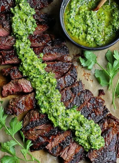 Marinated skirt steak with chimichurri sauce ready to grill.