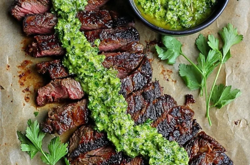 Marinated skirt steak with chimichurri sauce ready to grill.
